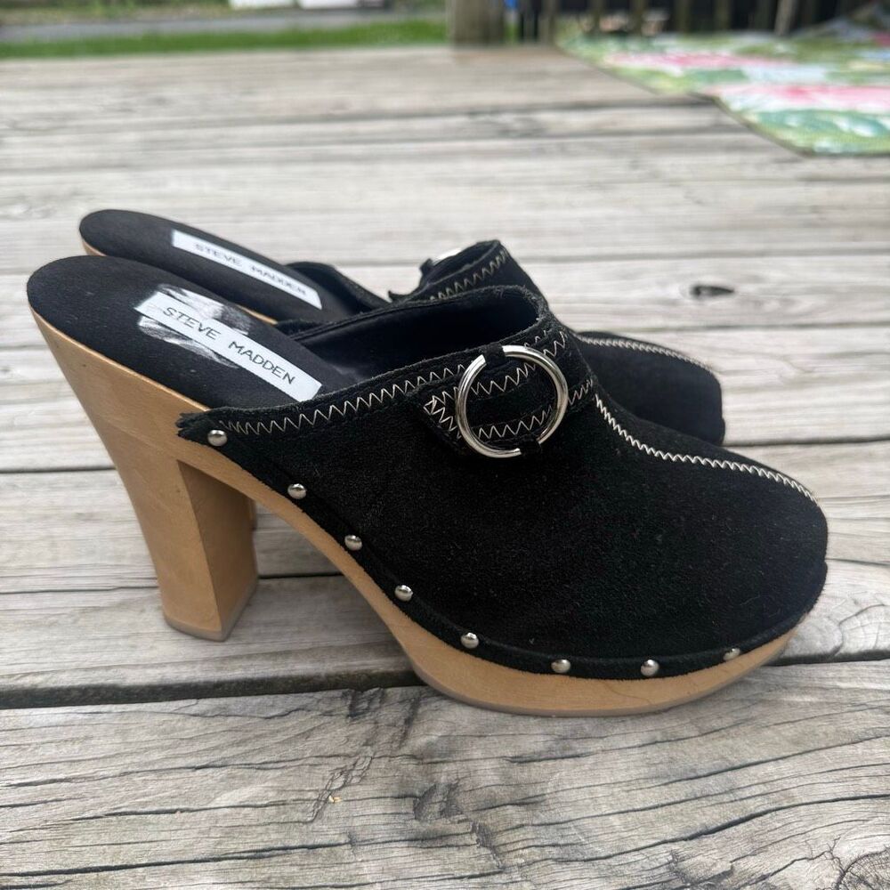 Steve Madden Faris Black Suede Mule Clogs Heels